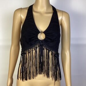 Windsor Black Halter Neck Western Cowgirl Fringe Ring Detail Crop Top Sz L